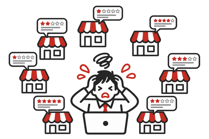 全店舗のレビューを毎日確認するのは現実的に無理な負担であることを表すイラスト